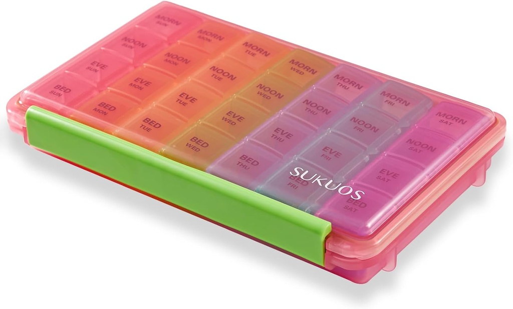 Sukuos Weekly Pill Organizer 7 jours 4 fois par jour, résistant à l'humidité grand quotidien boîte à pilules médicaments cas pour la vitamine/huile de poisson / suppléments (puits)