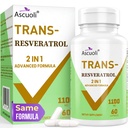99% Ultra Purity Trans-Resveratrol 1100mg, 3-en-1 Advanced Formula Organic Resveratrol Supplément, Max Antioxydant, Anti-Age, Santé de la peau, Réparation cellulaire, Boost NAD+, Immune & Energy, 60 capsules