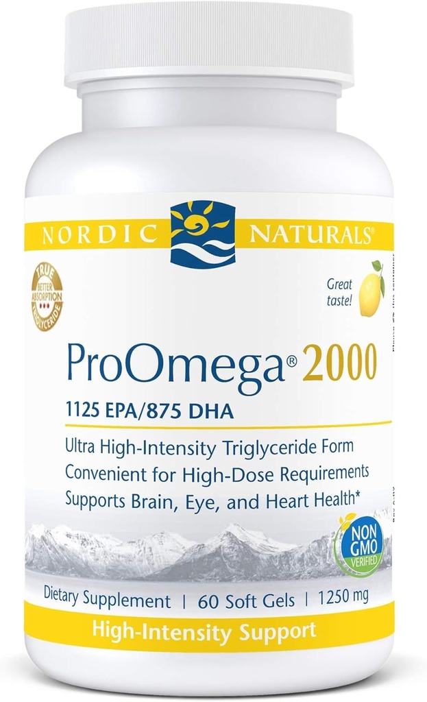 Nordic Naturals ProOmega 2000, Saveur de citron - 2150 mg Oméga-3 - 60 gels mous - Huile de poisson ultra-haute puissance - EPA et DHA - favorise la santé cérébrale, oculaire, cardiaque et immunitaire - non-OGM - 30 portions