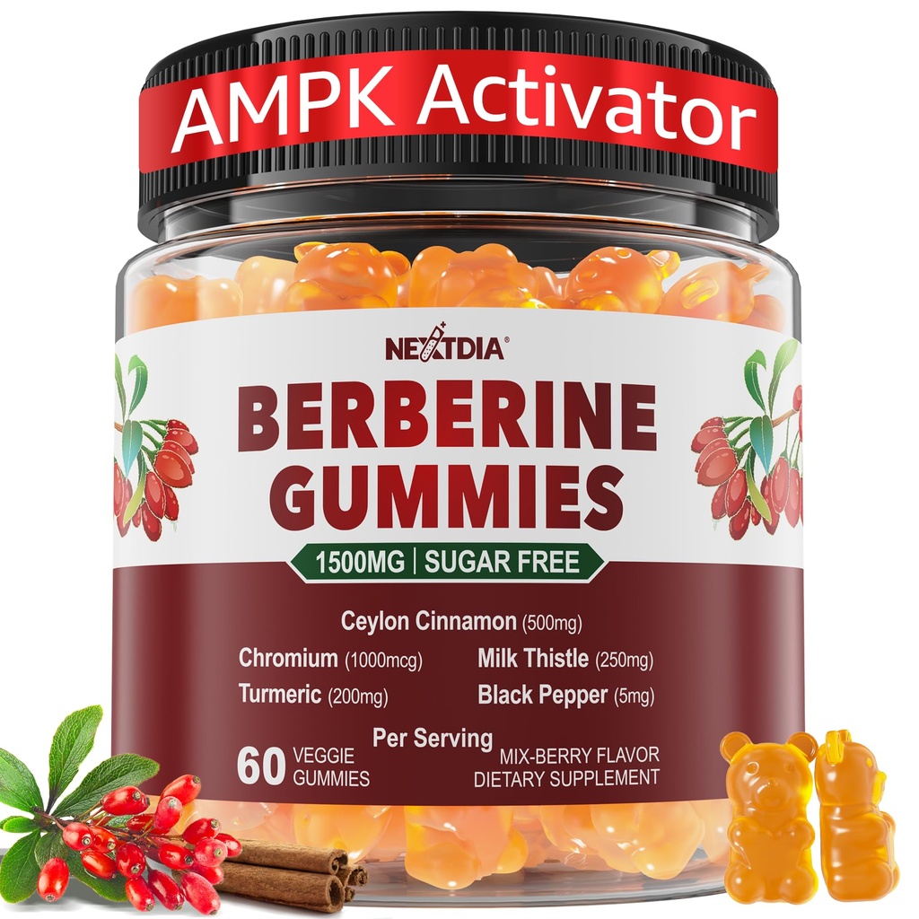 Gommies berbères 1500mg sans sucre, supplément berbère biologique avec cannelle de Ceylan, chrome, curcuma, chardon de lait pour métabolisme équilibré, HCl berbère extrait de baies indiennes, végétalien 60 Cts