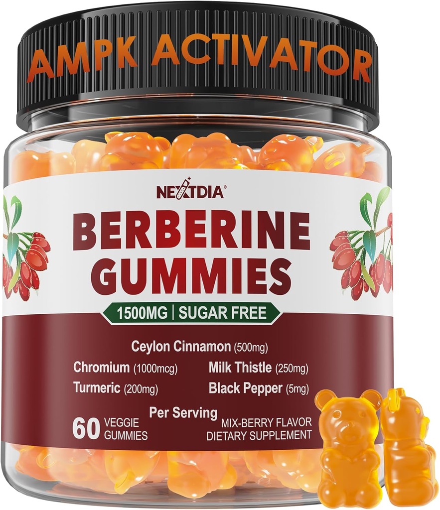 Gommies berbères 1500mg sans sucre, supplément berbère biologique avec cannelle de Ceylan, chrome, curcuma, chardon de lait pour métabolisme équilibré, HCl berbère extrait de baies indiennes, végétalien 60 Cts