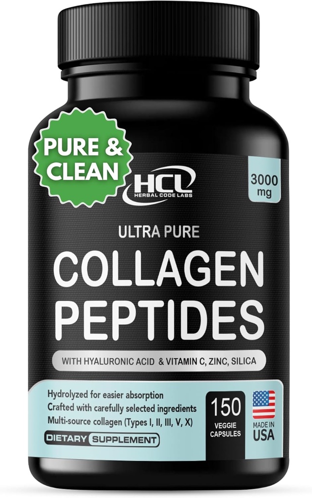 HCL HERBAL CODE LABS Collagen Peptides Poudre avec vitamine C et acide hyaluronique - Sources les plus propres et absorption super élevée - Hydrolysed Multi Type I, II, III, V, X - Supplément capillaire (capsules)
