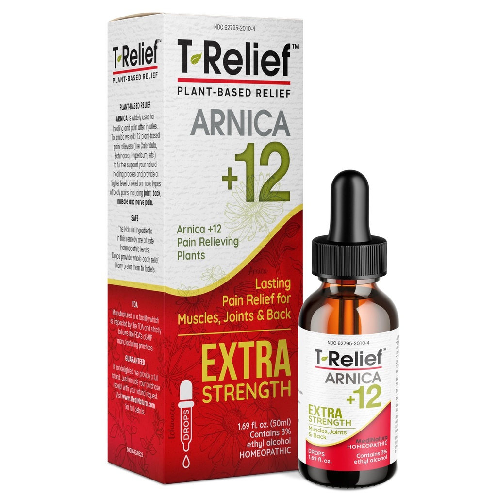 MediNatura T-Relief Extra force gouttes buccales Arnica +12 actifs actifs naturels à action rapide pour les muscles du cou arrière douleurs de la main et du pied et douleur - 1,69 oz