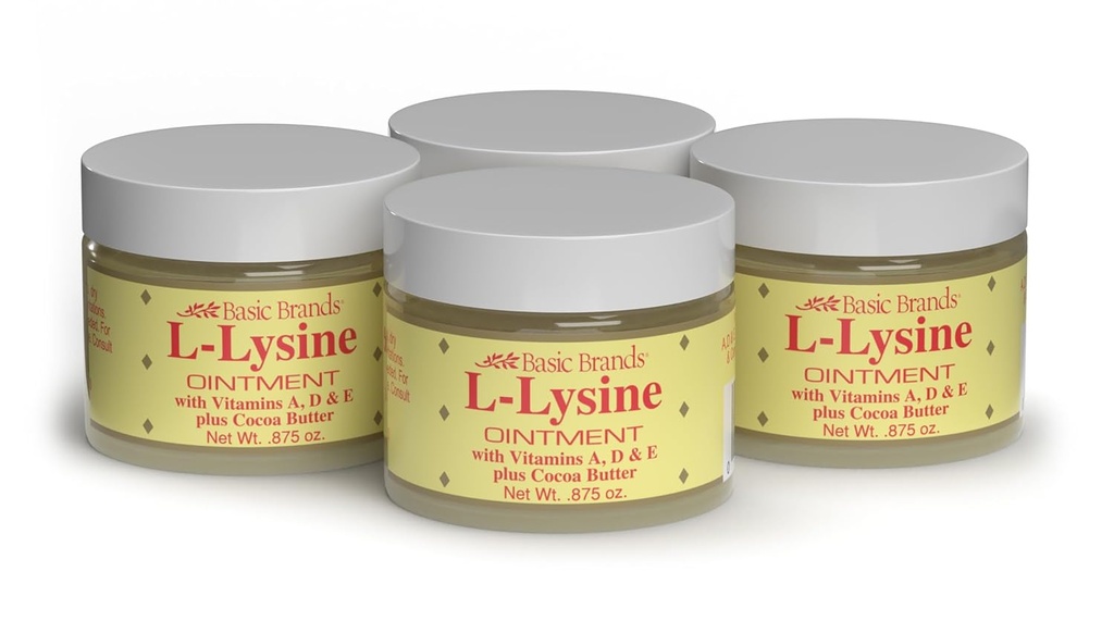 Basic Brands - L-Lysine Ointment - 0.875 oz - Lysine Cold Sore Treatment and Blister Relief - Soothes Lips – 4 Pack