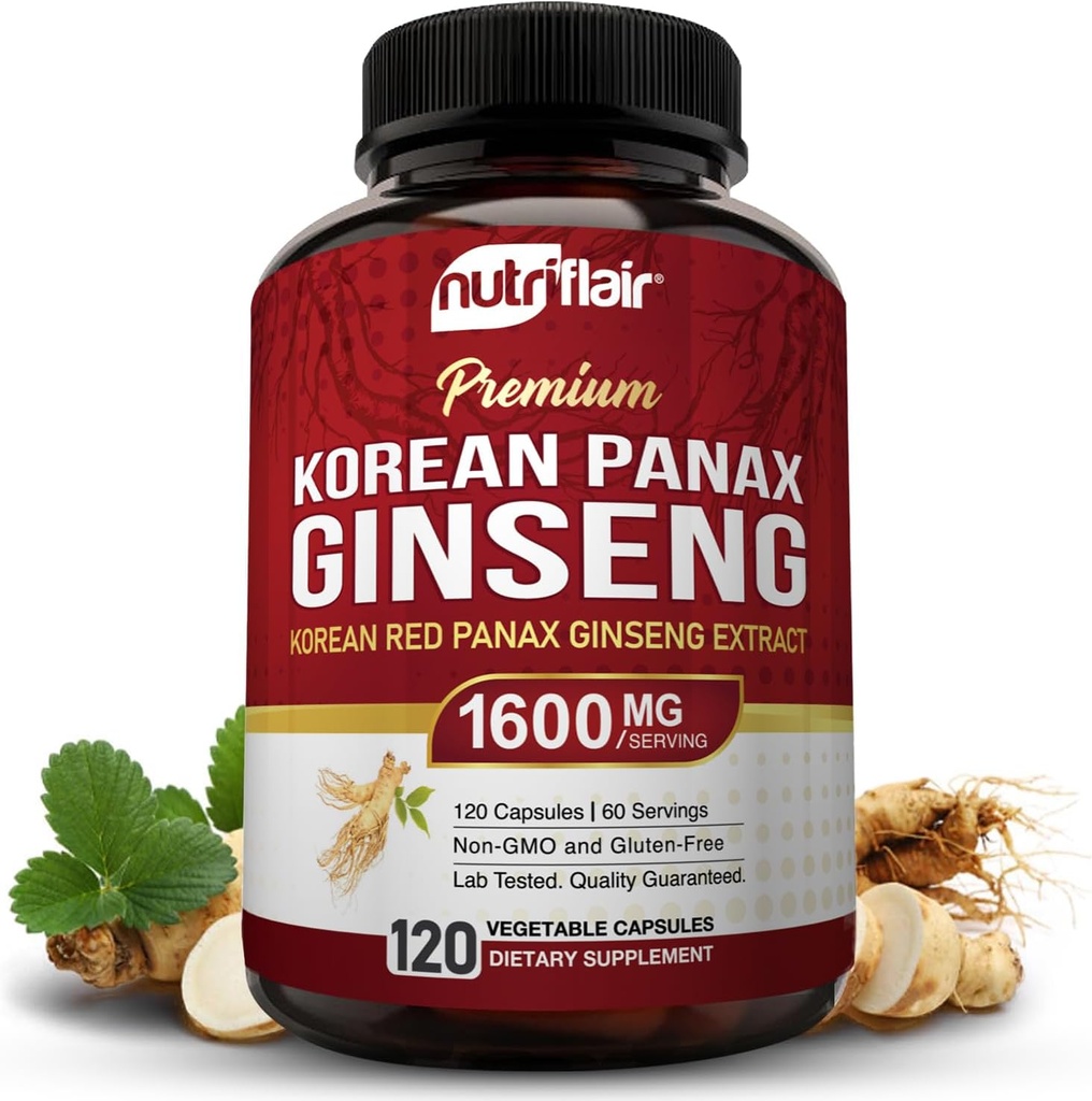 NutriFlair Korean Red Panax Ginseng 1600mg – 120 Vegan Capsules | 5% Ginsenosides | Non-GMO, Gluten-Free | Natural Energy & Focus Support | Made in USA