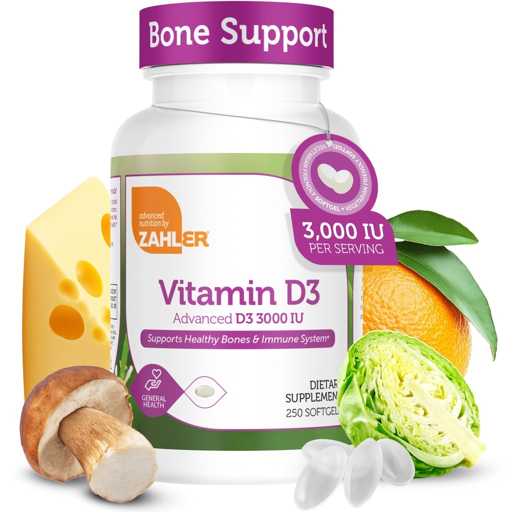 Zahler Vitamine D3 3000UI, Supplément Vitamine D3 3000 UI, Casher certifié (250 Softgels)