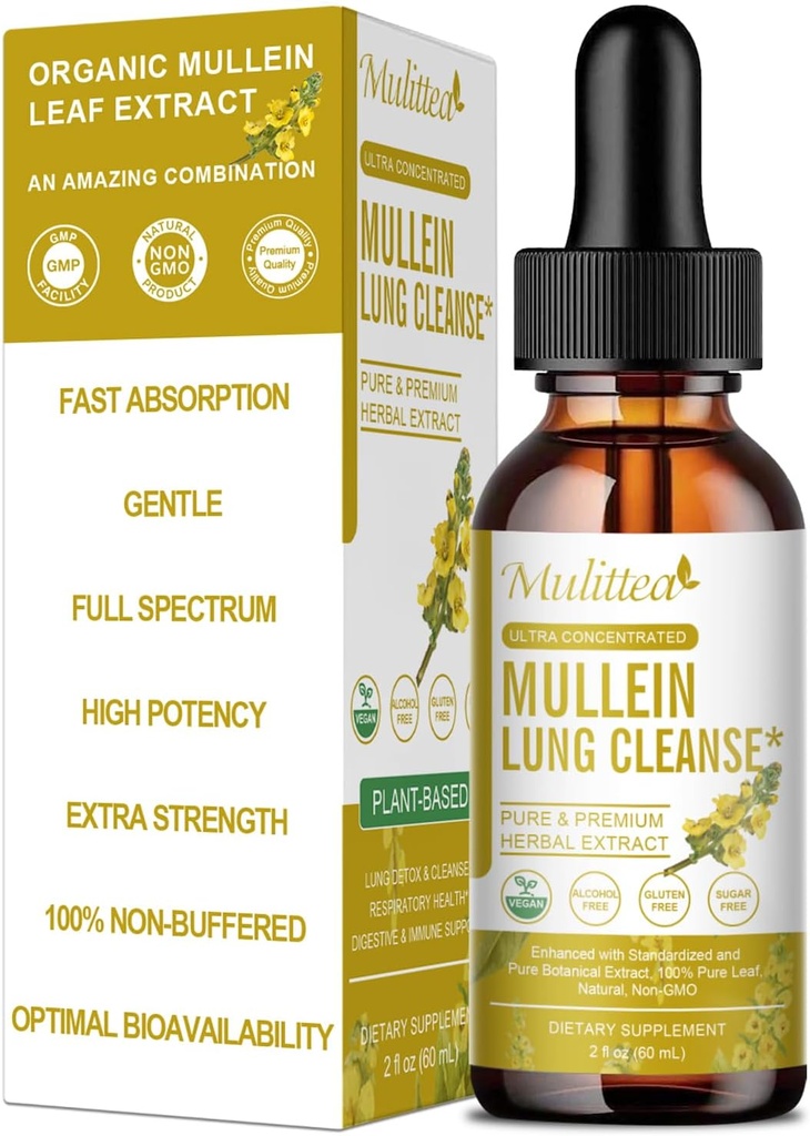 Mulittea Mullein gouttes pour les poumons et le drainage lymphatique 5-en-1 extrait d'herbe liquide avec racine Marshmallow, Elderberry, Licorice racine-Lung nettoyage et soutien respiratoire-non-OGM, Végétarien-2 Fl Oz