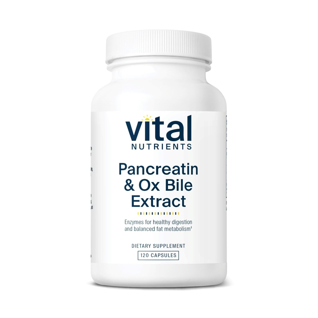 Nutriments vitaux Extrait de bile de pancréatine et d'oxygène 500mg , enzymes digestifs naturels pour les femmes et les hommes , soutient la digestion des protéines, des graisses et des glucides* , sans gluten, sans lait et sans soja , 120 capsules