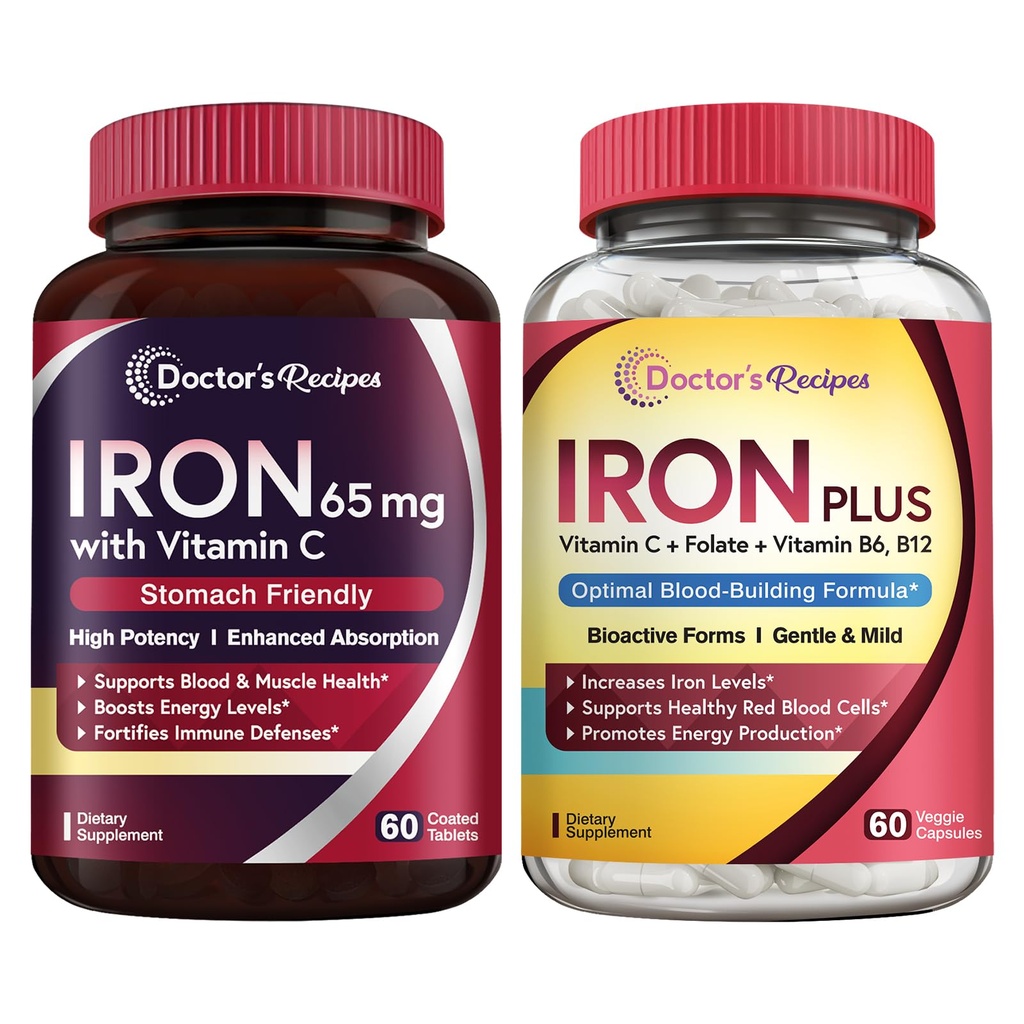 Recettes du médecin Fer 65 mg et fer plus ensemble, teneurs en fer en santé et soutien du sang, comprimés de fer 60 ct et capsules de fer 60 ct