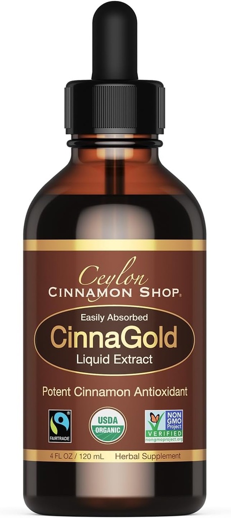 Ceylan Cinnamon Shop CinnaGoldTM Supplément de cannelle biologique Ceylan (100 % certifié), extrait liquide à haute puissance, 4 onces – Super antioxydant