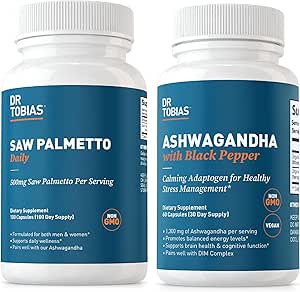 Dr Tobias Saw Palmetto Supplément et Ashwagandha Capsules, Soutenir la santé hormonale pour les femmes et les hommes, Suppléments de résilience et d'équilibre, Non-OGM