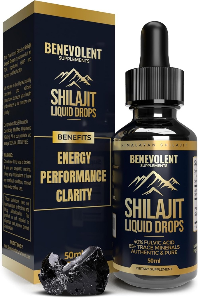 Pure Himalayan Shilajit gouttes liquides - 1000mg Natural Shilajit gouttes - 85+ Trace Minerals & 40% Acid Fulvic pour l'énergie boost, detox nettoyage, force et immunité support - 50 jours d'approvisionnement