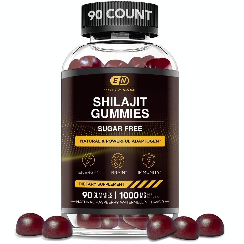 EFFICACITÉ NUTRA Shilajit Gummies 1000mg de résine pure Shilajit pour l'énergie, le cerveau et l'immunité. Supplément pour les hommes et les femmes.