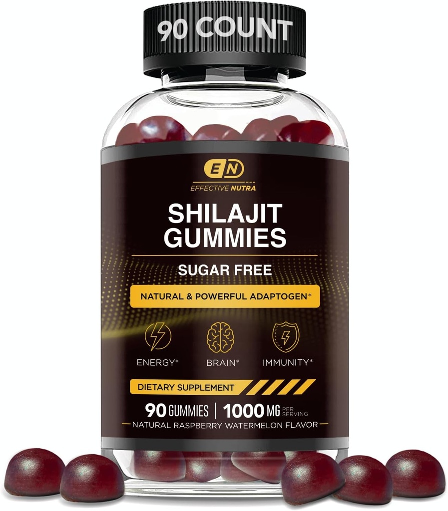 EFFICACITÉ NUTRA Shilajit Gummies 1000mg de résine pure Shilajit pour l'énergie, le cerveau et l'immunité. Supplément pour les hommes et les femmes.