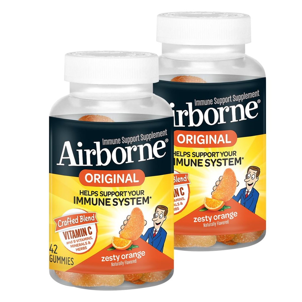 Airborne 750mg Vitamin C Gummies for Adults, Immune Support Supplement with Powerful Antioxidants Vitamins C & E - 42 Gummies, Zesty Orange Flavor (2 Pack)