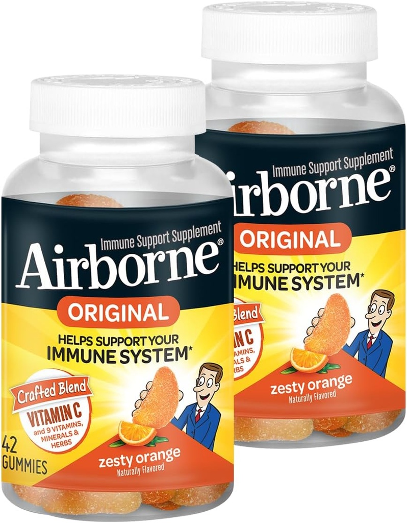 Airborne 750mg Vitamine C Supplément de soutien immunitaire Gommies pour adultes, saveur orange zeste, mélange sans gluten avec des antioxydants puissants Vitamines C & E, 42 Gommies (2 Pack)