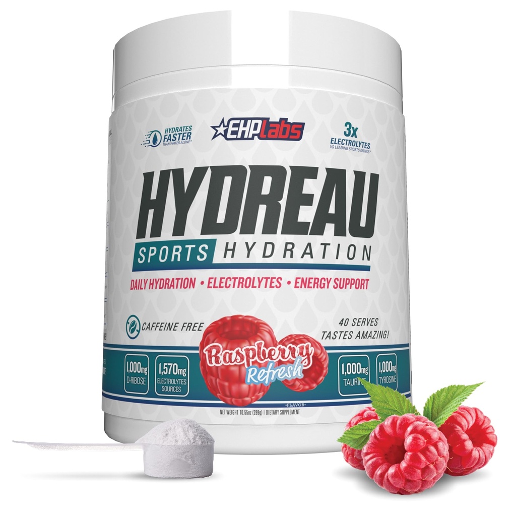 EHP Labs Hydreau Electrolytes Poudre Pas de Sucre - Poudre d'hydratation pour Endurance et Énergie - Poudre d'électrolyte pour hommes et femmes - Electrolytes sans sucre - Raspberry Refresh (40 portions)