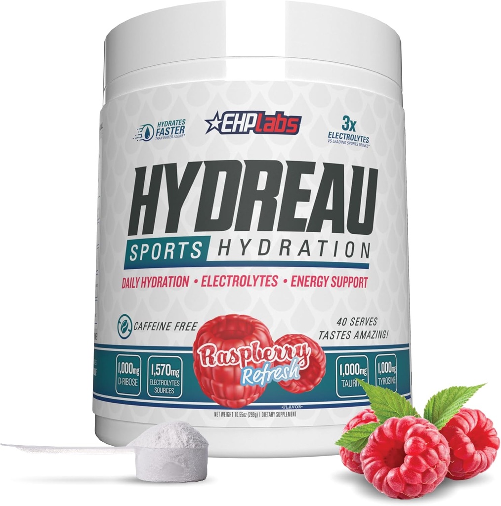EHP Labs Hydreau Electrolytes Powder No Sugar - Hydration Powder for Endurance & Energy - Electrolyte Powder for Men & Women - Sugar Free Electrolytes - Raspberry Refresh (40 Serves)