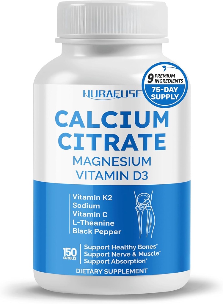 Citrate de calcium Magnésium Vitamine D3 - Soutien os sains, nerve et muscle, absorption - Fabriqué et testé aux États-Unis