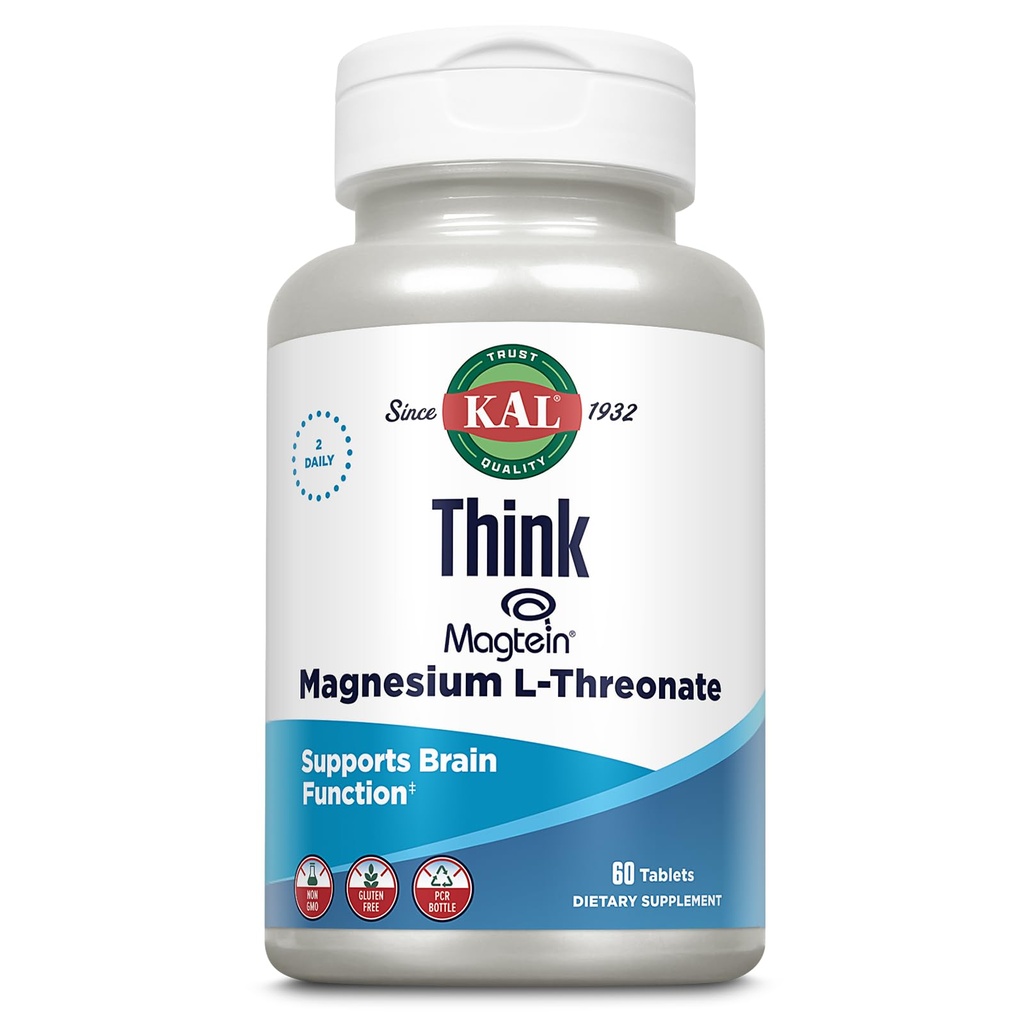 KAL Think Magnésium L-Thréonate 2000 mg , apprentissage, santé cérébrale et soutien de la fonction mémoire w/Magtein , sans gluten et non-OGM 60 comprimés