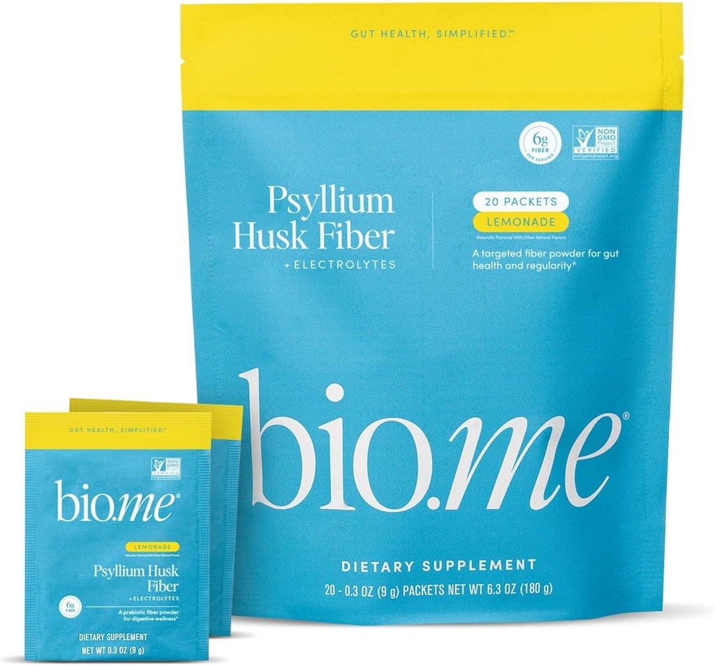 Psyllium Husk Fiber Lemonade 20 Packs de voyage (6g par paquet) - Psyllium Husk Poudre pour la santé digestive et le dégel, sans gluten, sans sucre Poudre de fibre prébiotique, Supplément non-OGM
