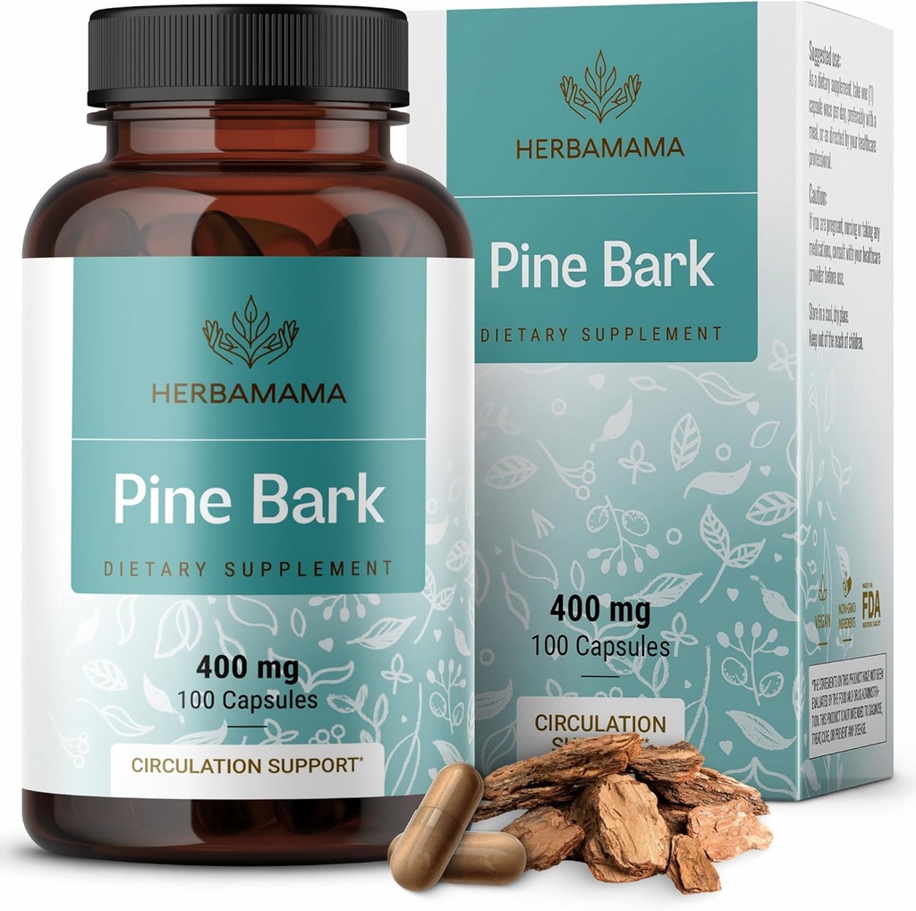 HerbAMAMA Capsules d'extrait d'écorce de pin - 400mg Poudre d'extrait d'écorce de pin Maritime française pour le soutien antioxydant - Vegan, Supplément Pinus Pinaster non-OGM