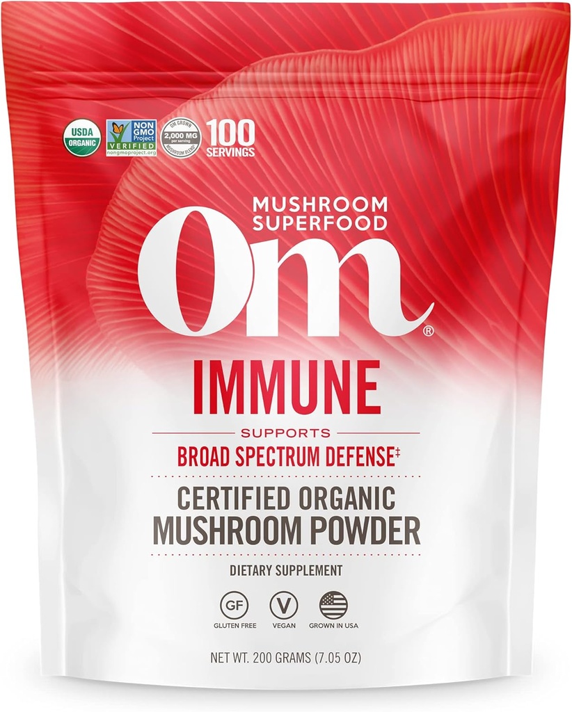 OM MUSHROOM SUPERFOOD Immune Blend Supplément en poudre de champignons, 7.05 Ounce Pouch, 100 portions, mélange de champignons, Reishi & Turkey Tail; Supplément quotidien de soutien immunitaire