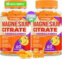 Magnésium Citrate Gummies - Magnésium Citrate avec Ashwagandha & L-Theanine, Haute Absorption Gummies Calmes, Magnésium Gummy pour Calme, Repos, Nerve, Muscle, 120 comtes