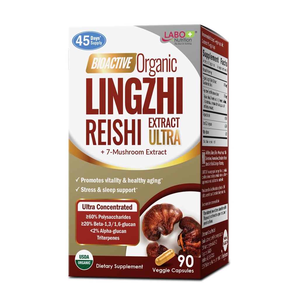 LABO Nutrition Bioactive Bio Organic Lingzhi Reishi Ultra 7 Supplément extrait de champignons Reishi Cordyceps Maitake Turkey Tail Agaricus blazei Murill Shiitake pour le soutien immunitaire, Vitalité, USDA Organic