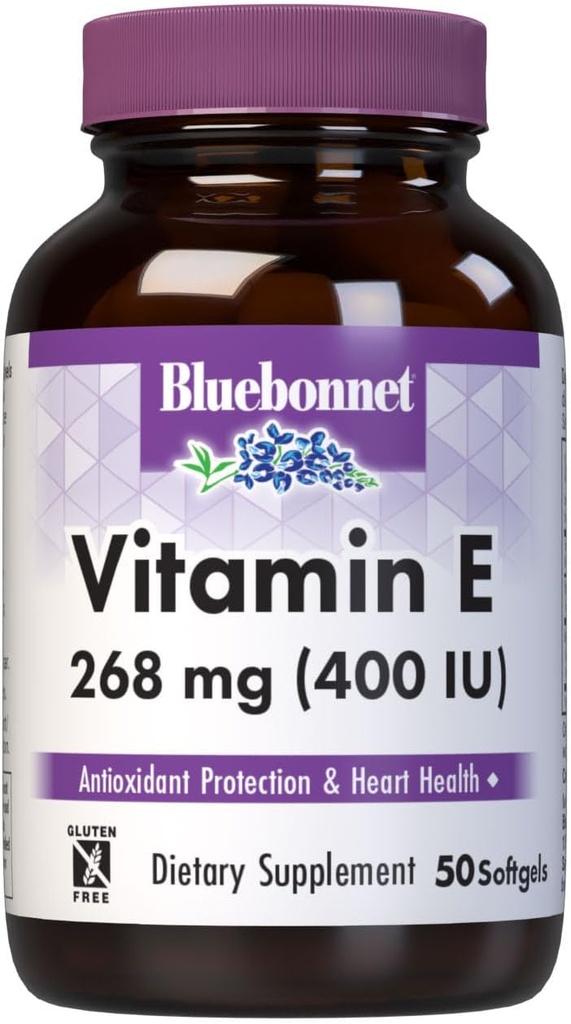 Bluebonnet Nutrition Vitamine E 400 UI (268 mg) Tocophérols mélangés Softgels, Portion Radicale Libre et Support Cardiovasculaires, Sans gluten, Sans lait, 50 Softgels, 50 portions