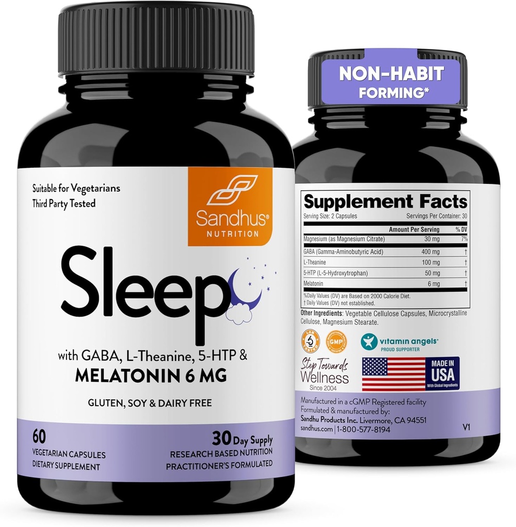 Sandhu's Sleep 60 Capsules –Non-Habit Forming 5-in-1 Sleep Aid Supplement with Melatonin, Magnesium, GABA, L-Theanine & 5-HTP