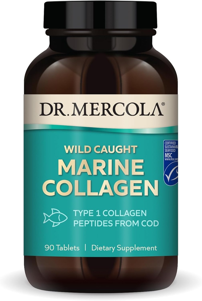 Dr. Mercola Wild Caught Marine Collagen, 30 Servings (90 Tablets), Type I Collagen Peptides, Dietary Supplement, Promotes Youthful Appearance, Non-GMO, MSC Certified