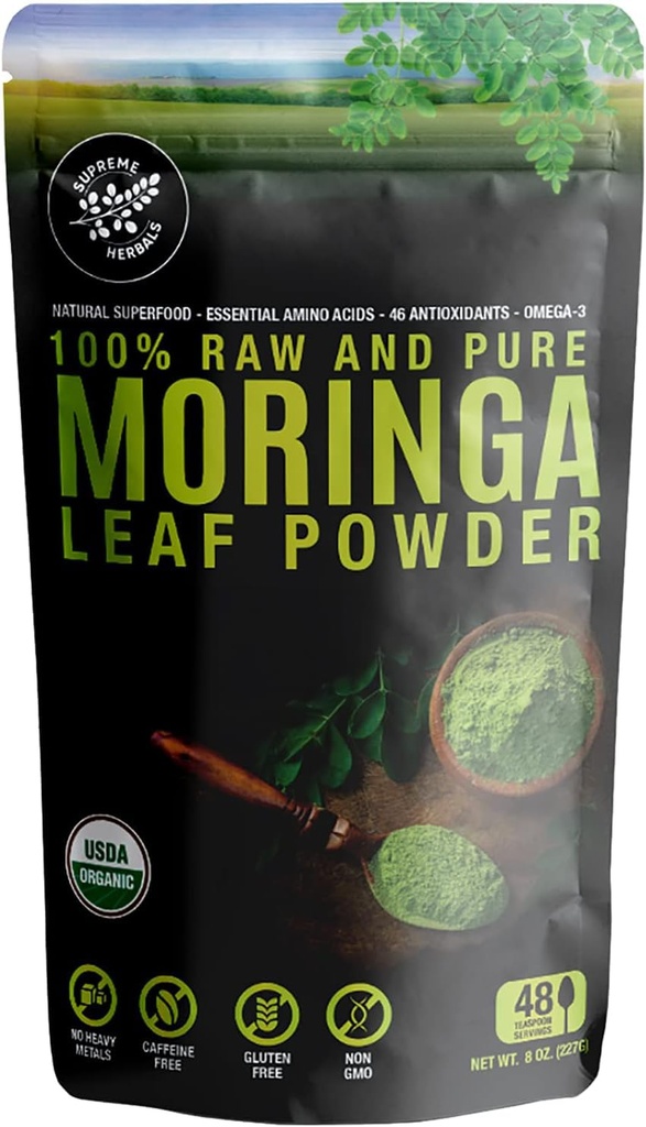 Poudre de feuille 100% crue et pure de Moringa. Feuille de Moringa certifiée biologique. Superaliment naturel avec acides aminés essentiels, antioxydants, et Omega 3, 8 oz sac refermable.