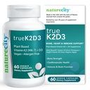 NatureCity TrueK2D3 Vitamine à base de plantes K2 MK7 (90 mcg) et D3 d'algues (2 500 UI) 2 en 1 Vitamine D3 K2 Supplément pour la santé des os, du coeur et des immunes – 60 Capsules de légumes