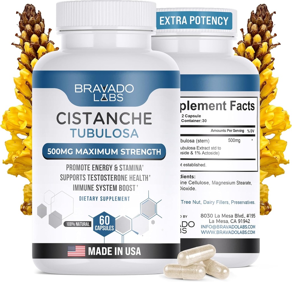 Cistanche Tubulosa Supplément Homme 500 mg - Testostérone Booster pour Homme - Promotion de la force, de l'humeur, de l'énergie, du focus, du soutien hormonal - Cistanche Tubulosa Extract Powder - 60 ct