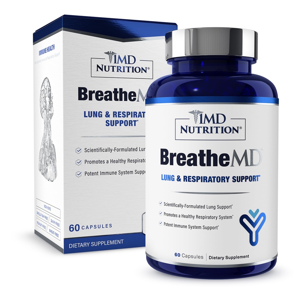1MD Nutrition BreatheMD | Lung and Respiratory Support Supplement | Promotes a Healthy Immune System | with Elderberry, Chromium, and NAC | 60 Ct.