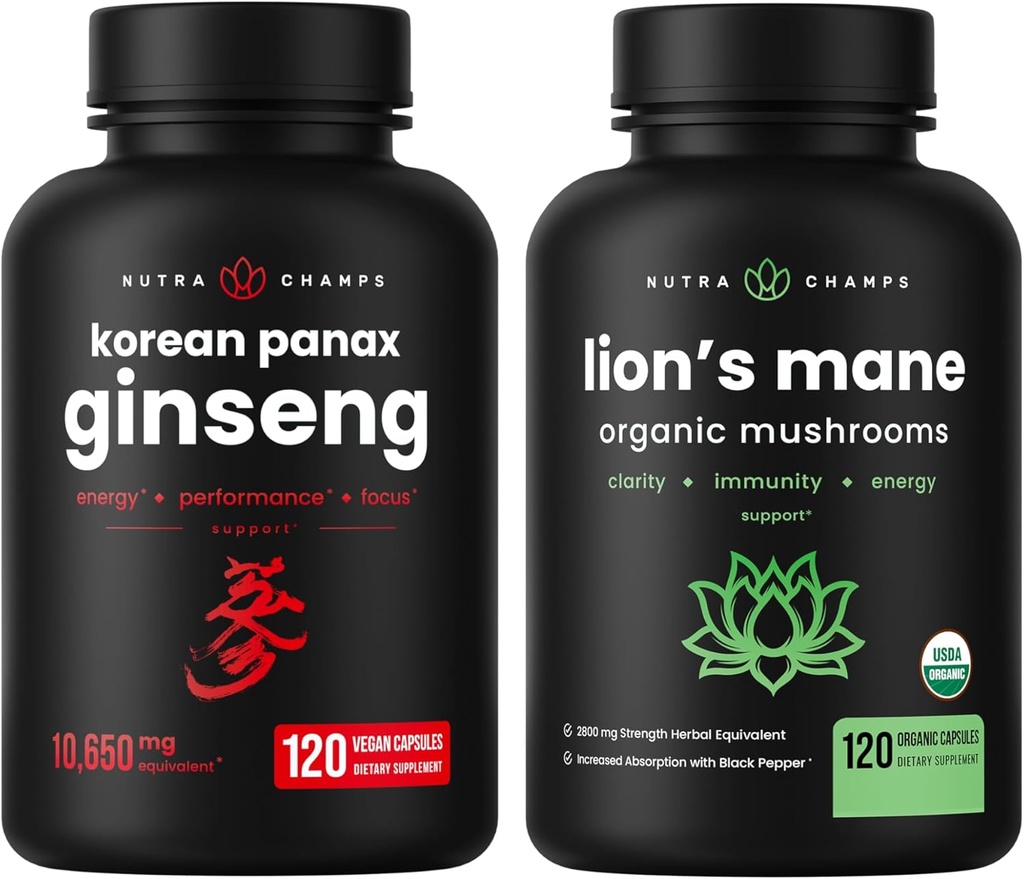 NutraChamps Capsules Ginseng coréennes et Lions Mane Capsules 2 Pack Bundle
