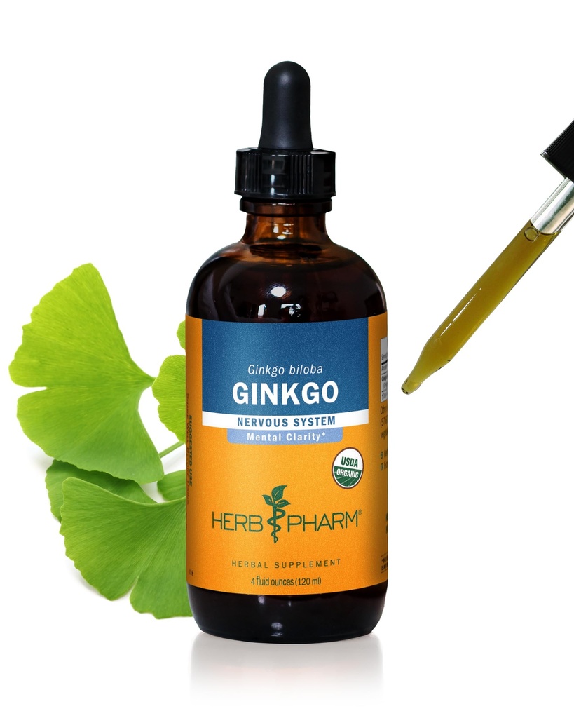 Extrait liquide Ginkgo biologique certifié Herb Pharm pour mémoire et concentration - 4 Once