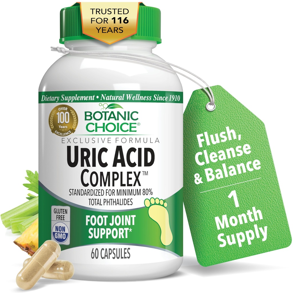 Botanic Choice Uric Acid Complex Supplement - Soutien du pied-Aide Soothe Discomfort avec graines de céleri et bromelain - Sans gluten, sans OGM, 60 capsules