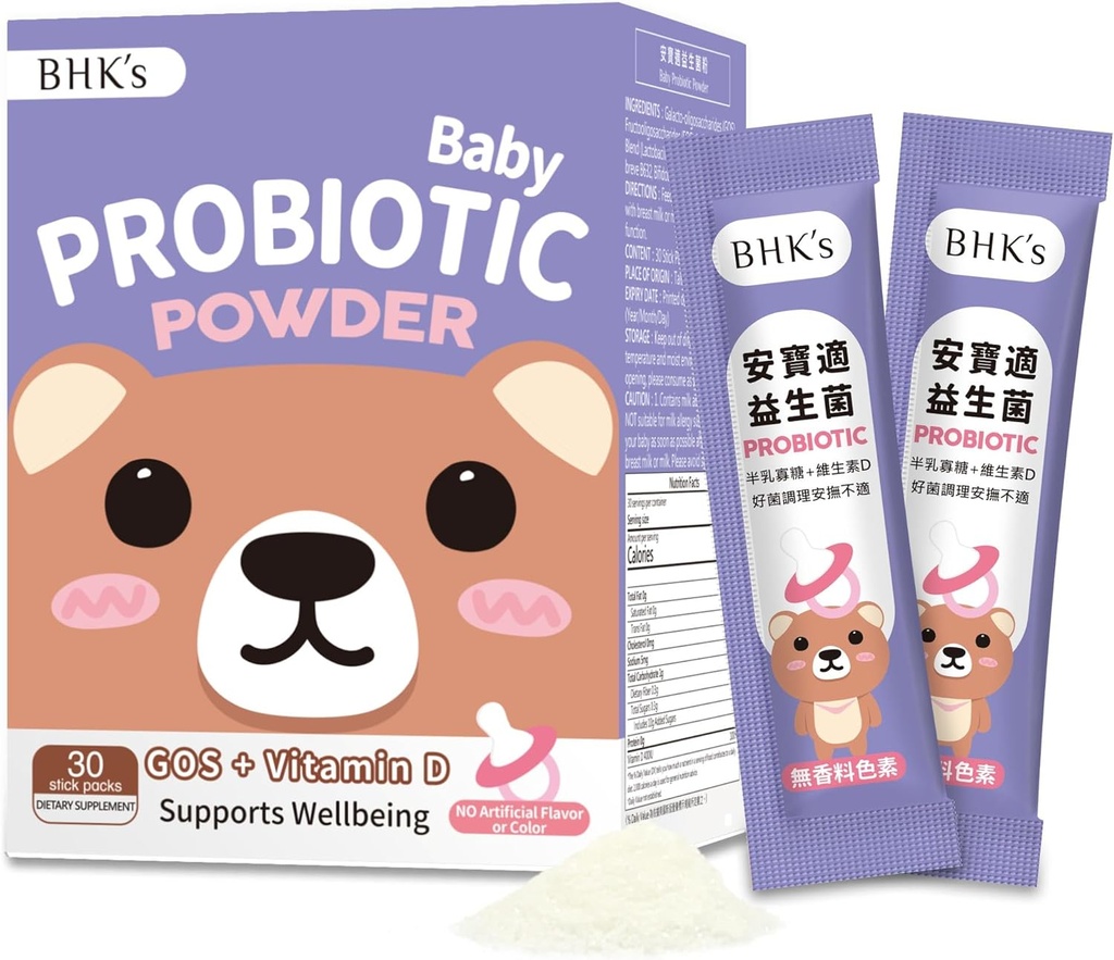 BHK's Baby Probiotic Powder,+ Vitamine D,Réduit les coliques,Gas et copeaux,Porcs en santé,Réduit les pleurs et le bruit et favorise le confort digestif,Nouveau-nés, bébés et nourrissons, 30 bâtons