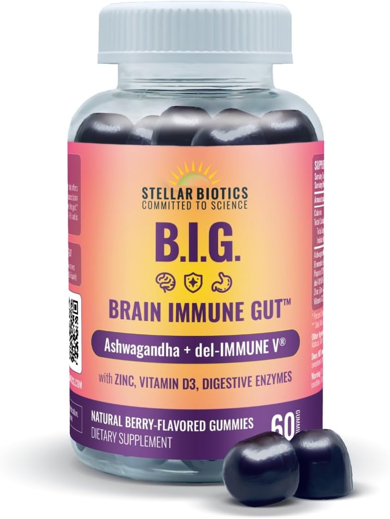 Del-Immune V + Ashwagandha - Cerveau Immune GutTM (B.I.G.) Gummy - All Natural Immune & Gut Support avec Zinc, Vitamine D3 + Enzymes digestifs (60 Gummies)