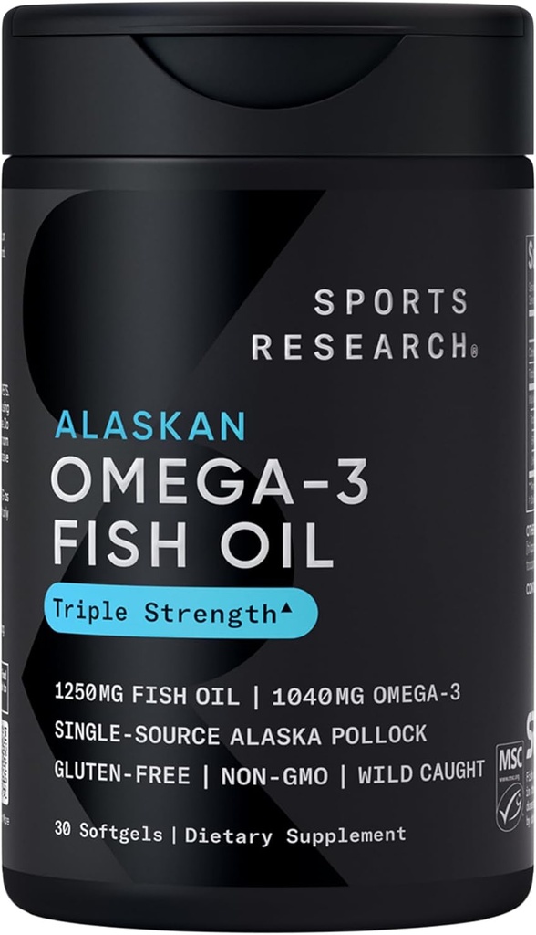 Recherche sportive Triple force Omega 3 Huile de poisson 1250mg de Wild Alaska Pollock - Supplément d'huile de poisson sans Burpless avec Omega3s EPA et DHA - Source durable, non OGM, sans gluten - 30 Softgels