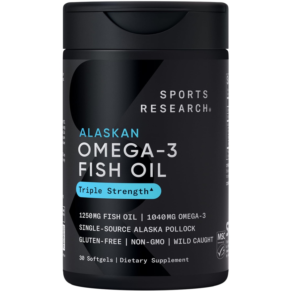 Recherche sportive Triple force Omega 3 Huile de poisson 1250mg de l'Alaska sauvage - Supplément d'huile de poisson sans Burpless avec Omega-3 EPA et DHA - Source durable, non OGM, sans gluten - 30 Softgels
