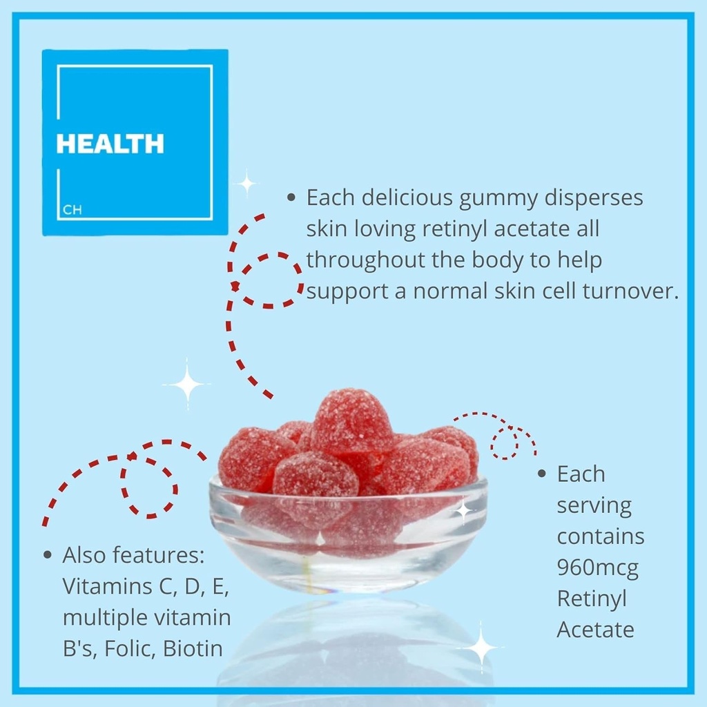 Consultez Santé Regenerol - Multivitamin Retinol Gommy - Supplément anti-Aging vitamine A - Glowing, jeune et clair peau cheveux et ongles forts - Vitamine B6, B12, C,D3, acide folique, zinc - 60 Gommies