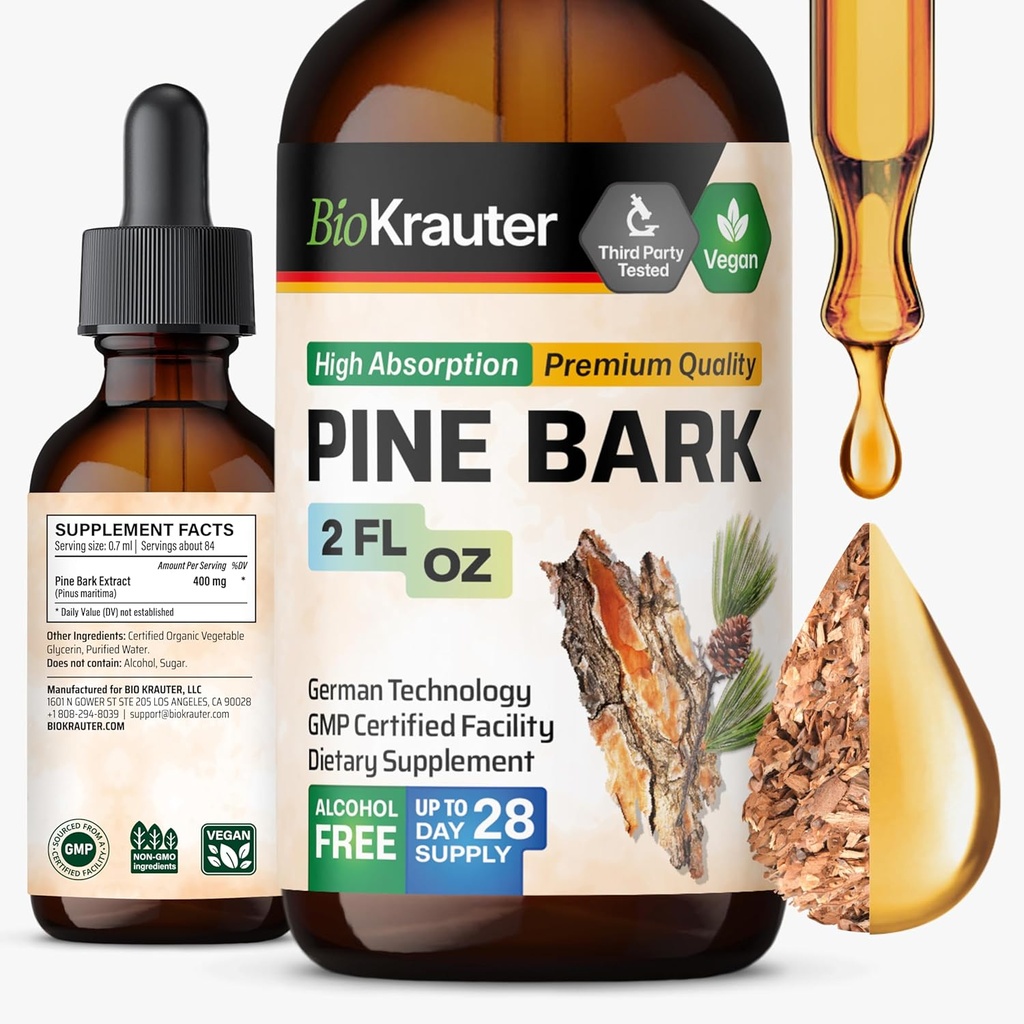 BIO KRAUTER Extrait d'écorce de pin - Riche en antioxydants Supplément liquide - 400 mg French Maritime Pine Extract Drops - Vegan, Alcohol & Sugar Free - 2 Fl Oz
