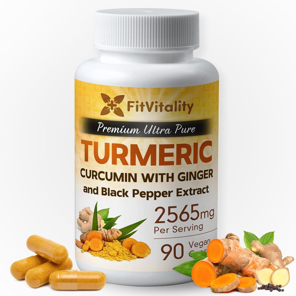Curcumine curcuma 2565 mg, 90 Capsules, 95% Curcuminoïdes & Extrait de poivre noir BioPerine, Supplément curcuma extra-résistance, Tous naturels et non – OGM, Capsules sans gluten, Vegan