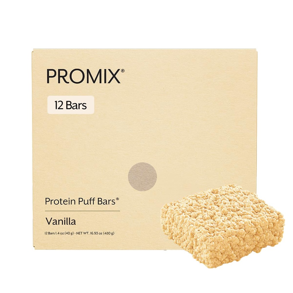 ProMix Nutrition Puff Bars, 12-Pack - Madagascar Vanille - Marshmallow Crispy Treat - Great Tasting & Healthy On The Go Snack - High Protein & Low Calorie - Non-OGM et sans gluten, soja et maïs.