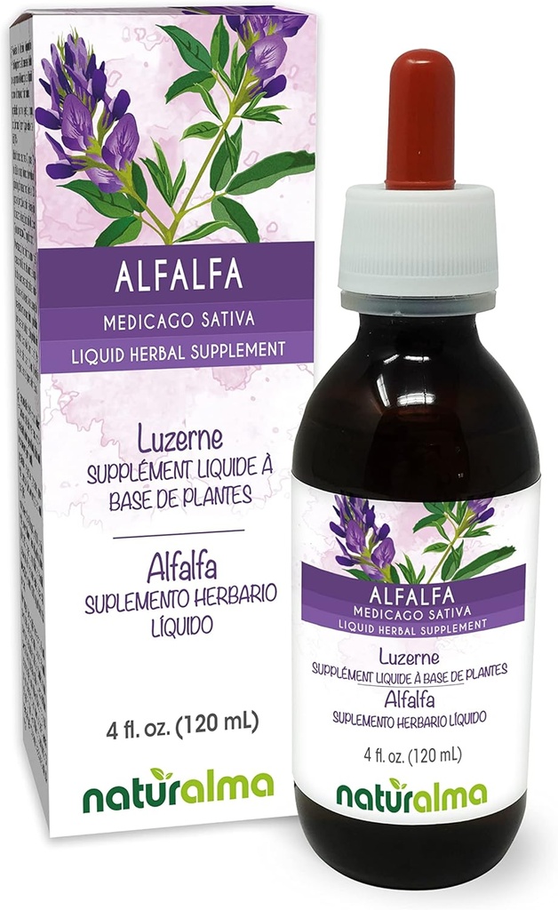 Naturalma Alfalfa or Lucerne (Medicago Sativa) herb with Flowers Alcohol-Free Tincture - Rich in Natural Chlorophyll - 4 fl oz Liquid Extract in Drops - Herbal Supplement - Vegan
