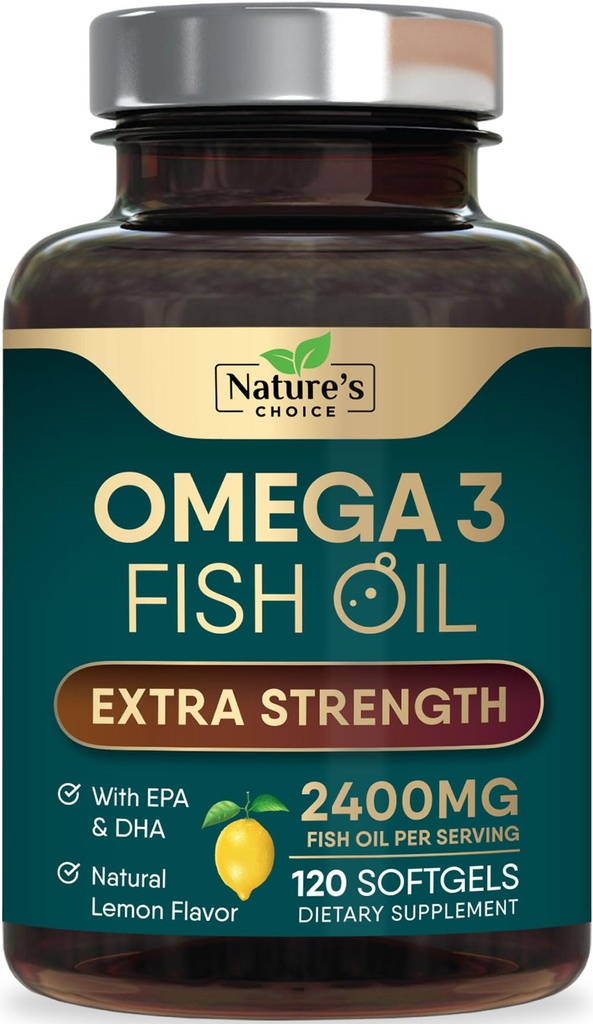 Omega 3 Supplément à l'huile de poisson 2400 mg - Triple Strength EPA & DHA Huile de poisson Omega 3, Supplément aux acides gras essentiels Softgels, Suppléments de soutien pour la santé du cerveau et du coeur, sans gluten non-OGM, 120 Softgels
