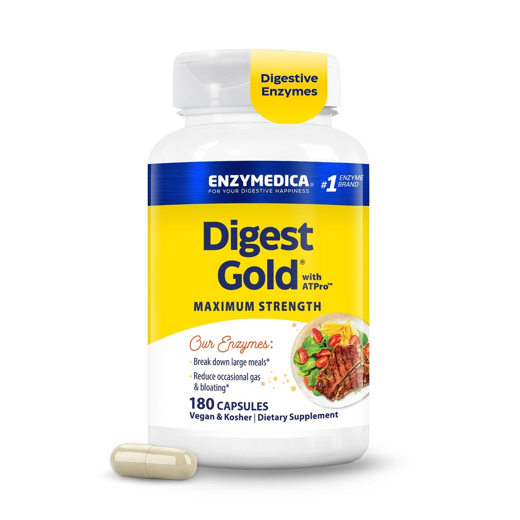 Enzymedica Digest Gold + ATPro, force maximale, action rapide, aide à digérer de grands repas, prévient le gonflement et le gaz, 180 Compte (FFP)